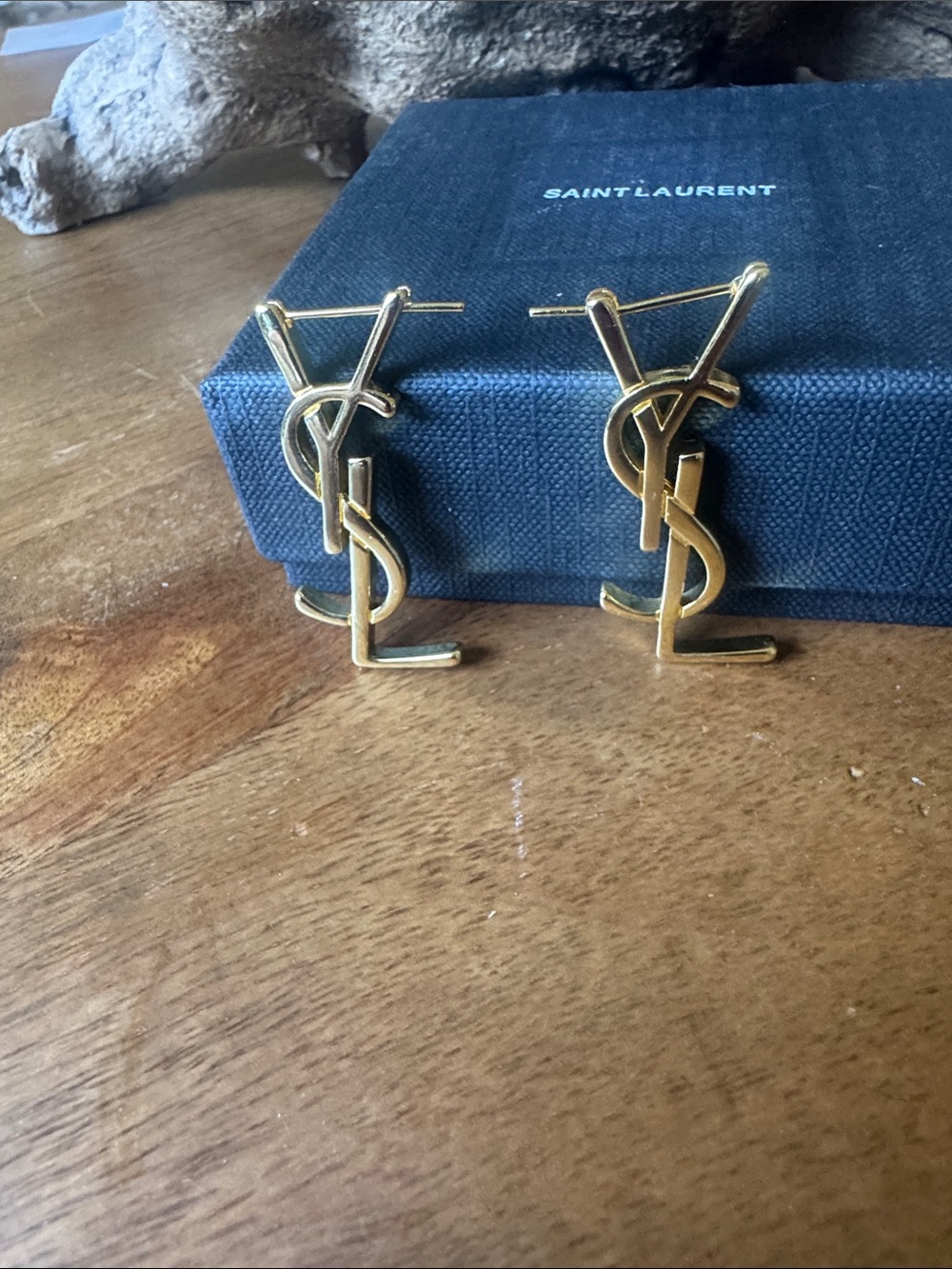 Yves Saint Laurent Gold YSL Logo Drop Earrings